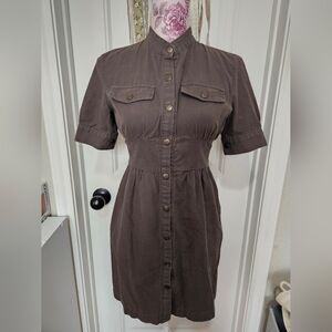 Button-Front Short Sleeve Shirt Dress in Olive Green
